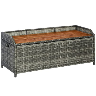 Outsunny Patio Wicker Storage Bench Box, Outdoor Garden PE Rattan Pool Storage Deck Bin Box w/ Natural Wood Top, Lid, for Storing Tools Mixed Grey