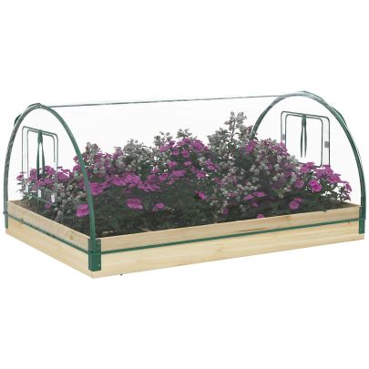 Outsunny Raised Bed with Greenhouse, Wooden Garden Planter Box with PVC Cover, Roll Up Windows, Dual Use for Vegetables, Plants, Natural Wood Effect