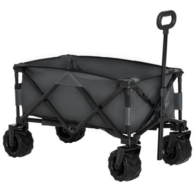 Outsunny Outdoor Pull Along Cart Folding Cargo Wagon Trailer Trolley for Beach Garden with Handle, Anti-Slip Wheel - Dark Grey