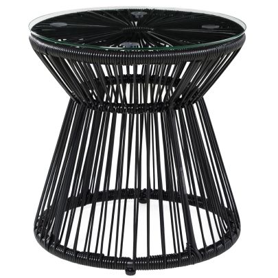 Outsunny Round End Table, Rattan Side Table, Hollow Drum Design Coffee Table w/ Glass Tabletop for Patio, Garden, Balcony Black
