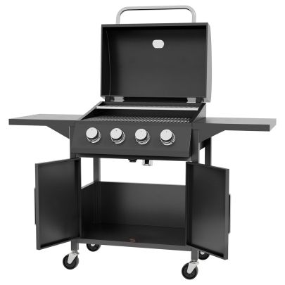 Outsunny 4 Burner Gas BBQ Grill Outdoor Portable Barbecue Trolley w/ Warming Rack, Side Shelves, Storage Cabinet, Thermometer