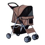  Oxford Cloth Foldable Dog Stroller Pushchair Pet Trolley w/ Zipper Entry-Brown/Silver