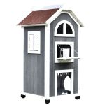  59L x 55W x 109H cm Solid Wood Cat Condo Furniture 2-Floor Pet Shelter Grey & White