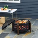 Outdoor Fire Pit with Grill Cooking Grate Screen Cover Fire Poker Bonfire Patio
