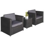 3 Pcs Rattan Sofa Furniture Set W & Cushions Steel Frame Black