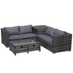 4 pcs Rattan Furniture Sofa Storage Table Set Inc 2 Drawers Corner Table Grey