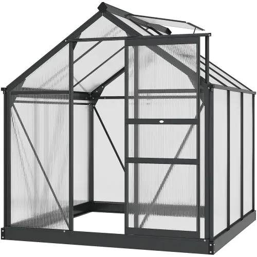 Outsunny 6 x 6 ft Clear Polycarbonate Greenhouse Large Walk-In Green House Garden Plants Grow House w/ Slide Door and Push-Open Window