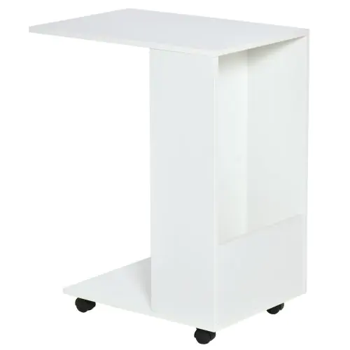  C-Shape Sofa Side Table Laptop Coffee End Table w/ Storage and Casters, White