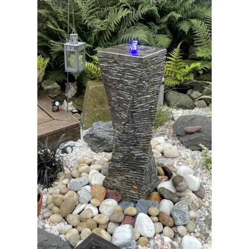 Eastern Black Limestone Twisted Fountain Chiselled All Sides (80x25x25) Solar Water Feature