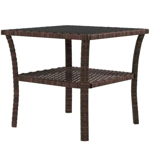Outsunny 50cm Outdoor PE Rattan Coffee Table, Patio Wicker Two-tier Side Table with Glass Top, for Patio, Garden, Balcony, Brown
