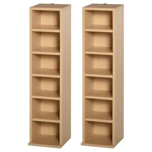  Set of 2 CD Media Display Shelf Unit Tower Rack w/ Adjustable Shelves Anti-Tipping Bookcase Storage Organiser Home Office Natural Wood Color