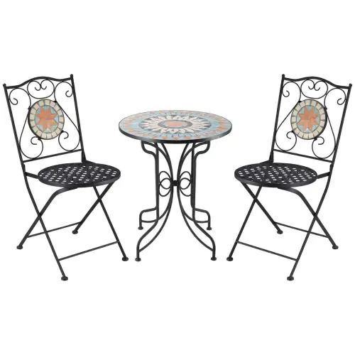 Outsunny 3 Piece Garden Bistro Set, Folding Patio Chairs and Mosaic Round Tabletop for Outdoor, Metal, Balcony, Poolside, Light Blue