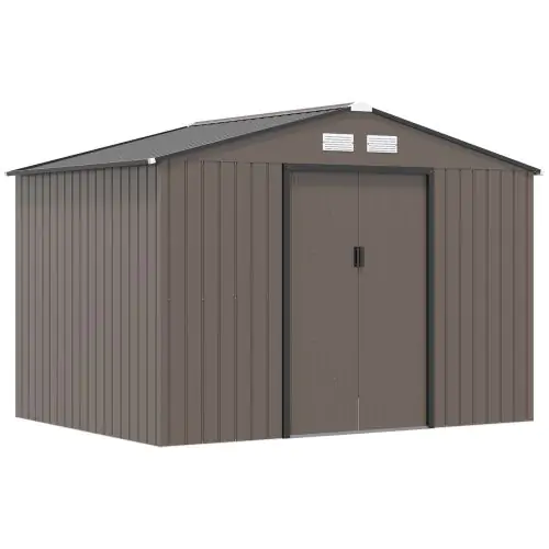 Outsunny 9 x 6FT Garden Metal Storage Shed Outdoor Storage Shed with Foundation Ventilation & Doors, Brown