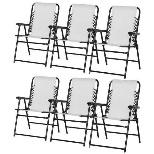Outsunny Set of 6 Patio Folding Chair Set, Garden Portable Outdoor Chairs with Armrest and Breathable Mesh Fabric Seat and Backrest, for Camping, Beach, Deck, Lawn, Cream White