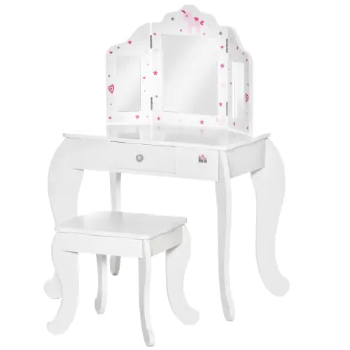  Kids Vanity Table & Stool Girls Dressing Set with Rotatable Mirror Drawer