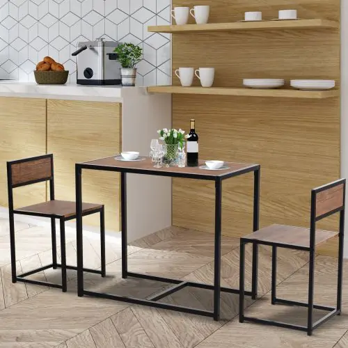  MDF Steel Frame 3-Piece Dining Set Dining Table with 2 Bar Stools Wood Tone