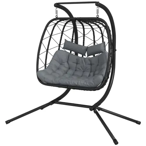 Outsunny Outdoor PE Rattan Double-seater Swing Chair with Thick Padded Cushion, Patio Hanging Chair for Two with Metal Stand, Headrest, for Indoor and Outdoor, Black
