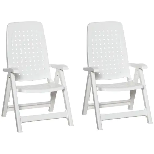 Outsunny Set of 2 Folding Plastic Dining Chairs with 4-Position Backrest, Reclining Armchairs for Indoor & Outdoor Events, Camping, White
