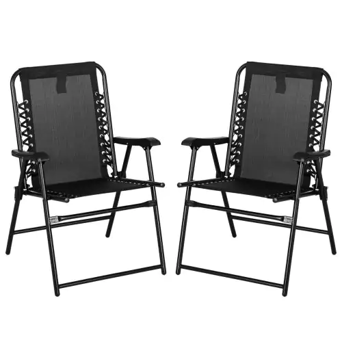 Outsunny 2 Pcs Patio Folding Chair Set, Outdoor Portable Loungers for Camping Pool Beach Deck, Lawn w/ Armrest Steel Frame Black