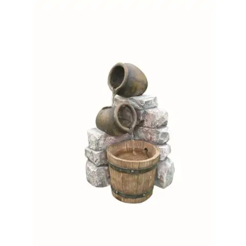 Medium 2 Pots & Wooden Barrel Traditional Solar Water Feature