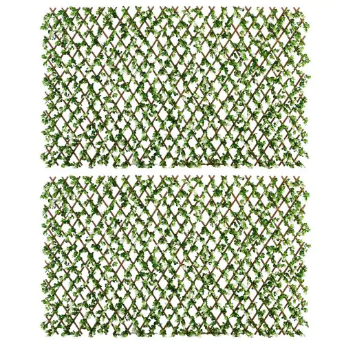 Outsunny 2 Pcs Expandable Faux Privacy Fence, 2 x 1m Decorative Trellis w/ Artificial Leaves, Garden Telescopic Hedge Privacy Screen Greenery Walls