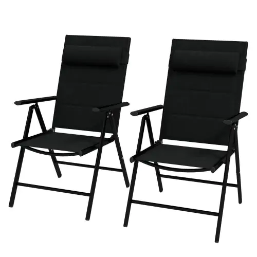 Outsunny Set of 2 Patio Reclining Folding Chairs with Adjustable Back, Aluminium Dining Chairs with Breathable Mesh Fabric Padded Seat and Backrest, Headrest for Outdoor Garden Lawn, Black