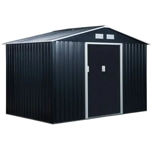 Outsunny 9 x 6FT Outdoor Garden Roofed Metal Storage Shed Tool Box with Foundation Ventilation & Doors, Dark Grey
