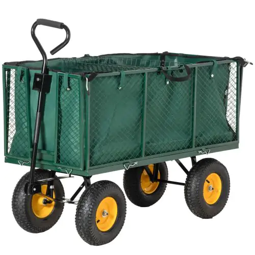 Outsunny Large 4 Wheel Heavy Duty Garden Trolley Cart Wheelbarrow with Handle and Metal Frame - Green