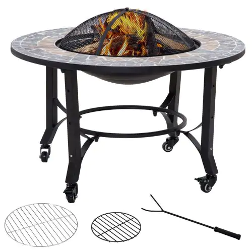 Outsunny 2-in-1 Outdoor Fire Pit on Wheels, Patio Heater with Cooking BBQ Grill, Firepit Bowl with Screen Cover, Fire Poker for Backyard Bonfire