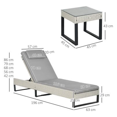 Outsunny 3 piece PE Rattan Sun Lounger Set with Adjustable 5 Position Recliner, Patio Chaise Lounge Chair Set with Cushions, Headrests, Glass Top Square Coffee Table, Light Grey