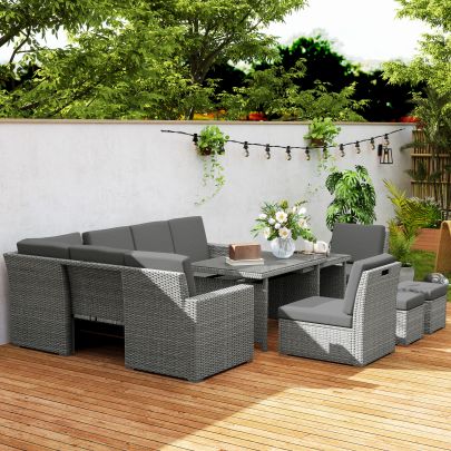 Outsunny Seven Piece Rattan Garden Sofa Set, with Expanding Table Light Grey