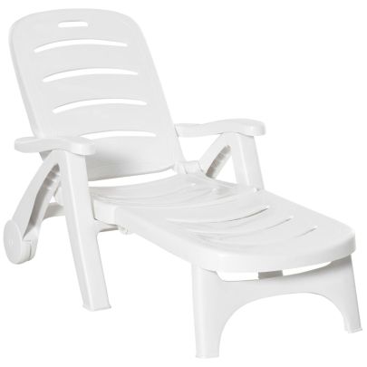 Outsunny Outdoor Folding Plastic Chaise Lounge Chair on Wheels, Patio Sun Lounger Recliner & 5-Position Backrest for Garden, Beach, Pool, White