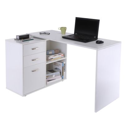   MDF Home Office L Shape Computer Desk Workstation Drawer Shelf File Cabinet - White