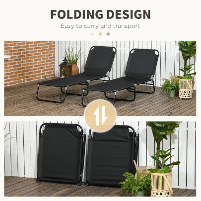 Outsunny Set of Two Metal Frame Folding Sun Loungers Black