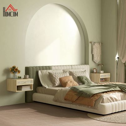HOMCOM Set of Two Rattan Panel Floating Bedside Tables Wood Effect