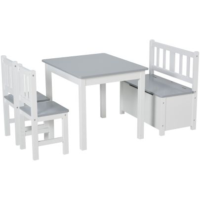   4-Piece Kids Table and Chair Wood Bench with Storage Feature, Gift for Toddlers