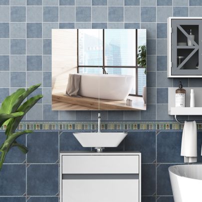  Wall Mount Mirror Cabinet Storage Bathroom Cupboard w/ Double Door and Shelves