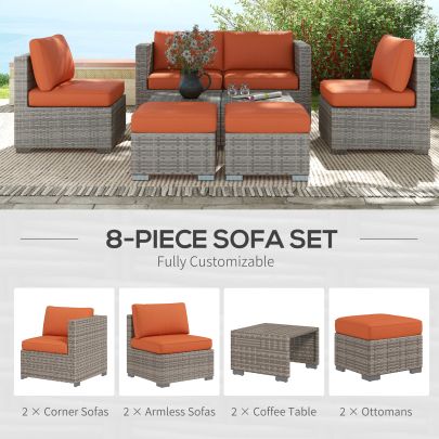 Outsunny Eight Piece Rattan Garden Set, with Contrast Cushions Orange Grey