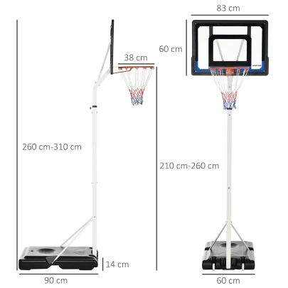 SPORTNOW 2.1 2.6m Adjustable Basketball Hoop and Basketball Stand w Backboard and Weighted Base, Portable on Wheels, White