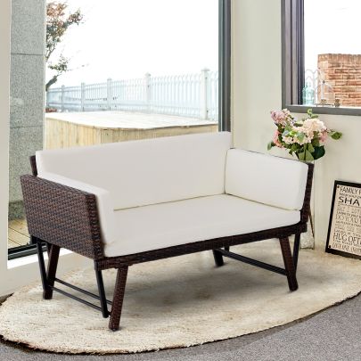  2-Seater 2-in-1 Rattan Convertible Sofa Daybed Brown