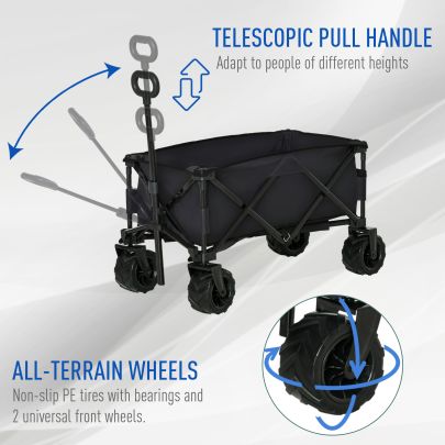 Outsunny Outdoor Folding Garden Trolley on Wheels, Capming Cargo Wagon Cart Trailer w Handle, Wheels for Beach Garden, Black