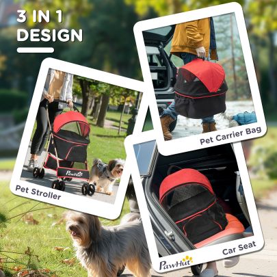 PawHut 3 In 1 Detachable Pet Stroller, for Extra Small and Small Dogs Red