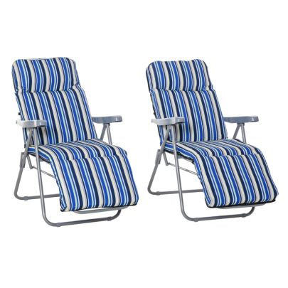 Set of 2 Foldable Patio Sun Lounger Adjustable Garden Recliner Seat Blue & White