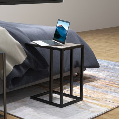 HOMCOM C Shape Bedside Table w Metal Frame Marble Effect Top Sofa Narrow Snack End Table for Living Room, Grey