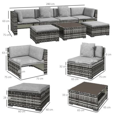 Outsunny Seven Piece Rattan Patio Furniture Set, with Cushions Grey
