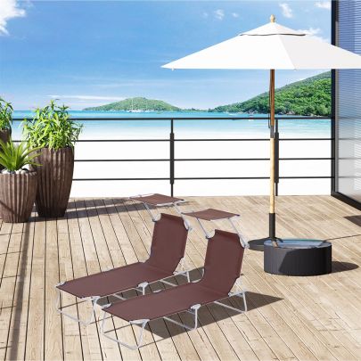 Outsunny 2 Pcs Outdoor Foldable Sun Lounger Set w/ Removeable Shade Canopy, Patio Recliner Sun Lounger w/ Adjustable Backrest w/ Mesh Fabric, Brown