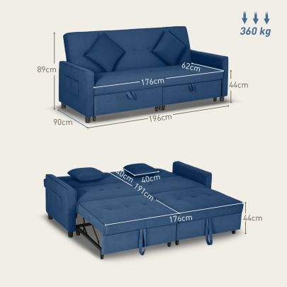 HOMCOM Three Person Velvet Feel Sofa Bed Blue
