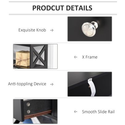 HOMCOM Console Table Side Desk w Shelves Drawers Open Top X Support Frame Living Room Hallway Home Office Furniture Black
