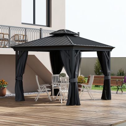 Outsunny 3.65 x 3m Aluminium Hardtop Gazebo, with Accessories Dark Grey