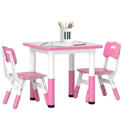 AIYAPLAY Height Adjustable Toddler Table and Chair Set, 3 Pcs Children Activity Table w 2 Chairs, for Playroom, Bedroom Pink